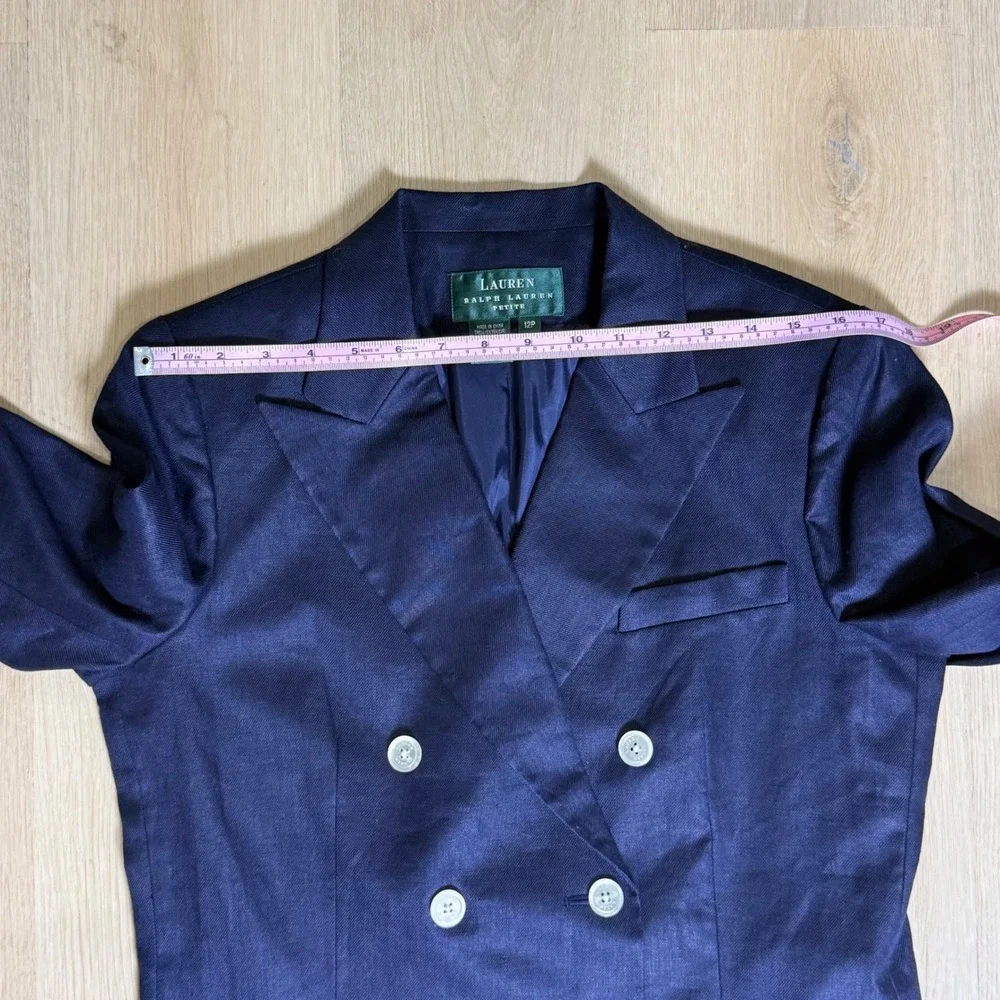 Lauren Ralph Lauren Skirt Suit Womens 12P Navy Blue Linen Double Breasted Blazer